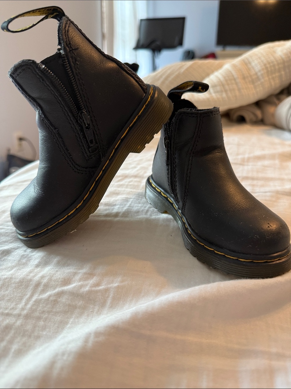 Dr. Martens Kids Black Leather Ankle Boots with Yellow Stitching